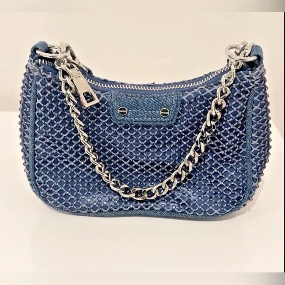 *Aldo* Quilted Denim Jean Embellished Shoulder Bag with Metal Denim Chain Strap